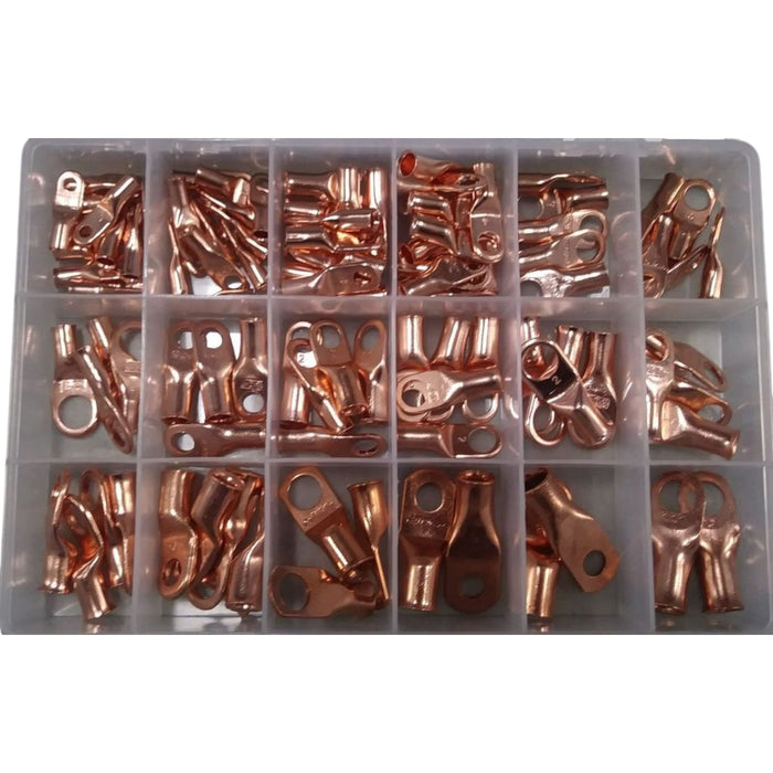 Copper Lug Assortment 100 Pcs - (Ga. Sizes 6, 4, 2, 1, 1/0,& 2/0 - Stud Sizes #10, 1/4, 5/16, & 1/2) Plastic Drawer