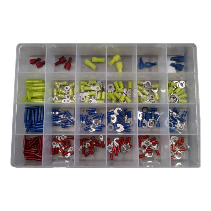 Nylon Connector Kit (Red, Blue, & Yellow - Rings, Butt Splices, & Quick Disconnects) 237 Piece Plastic Drawer