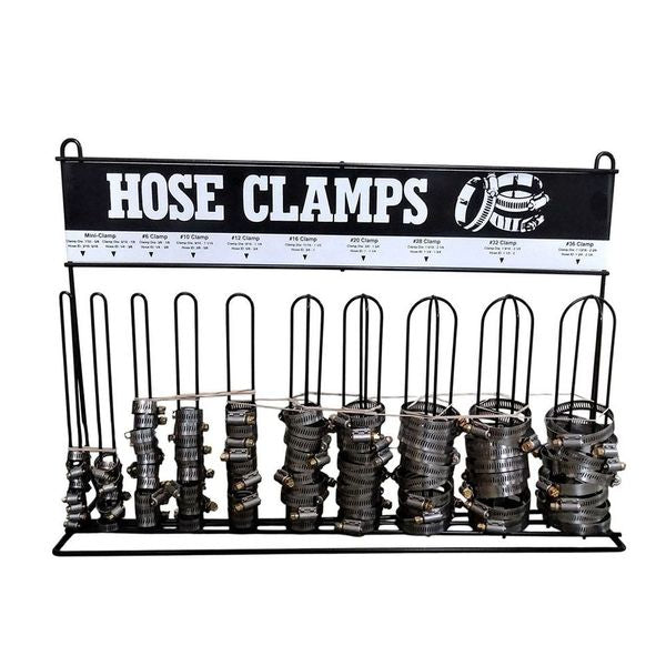 Premium Hose Clamps With Rack - 100pc #4 NP, #6 NP, #6T NP, #10 NP, #12 NP, #16 SS, #20 SS, #28 SS, #32 SS, & #36 SS-52