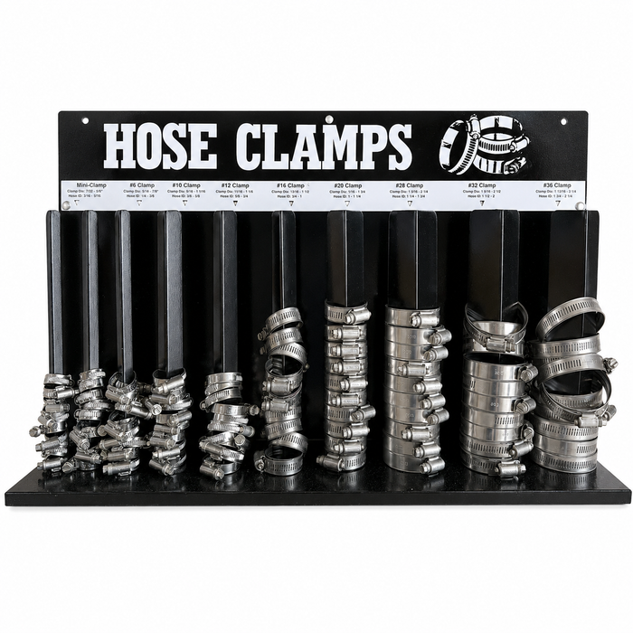 Premium Hose Clamps With Rack - 100pc #4 NP, #6 NP, #6T NP, #10 NP, #12 NP, #16 SS, #20 SS, #28 SS, #32 SS, & #36 SS