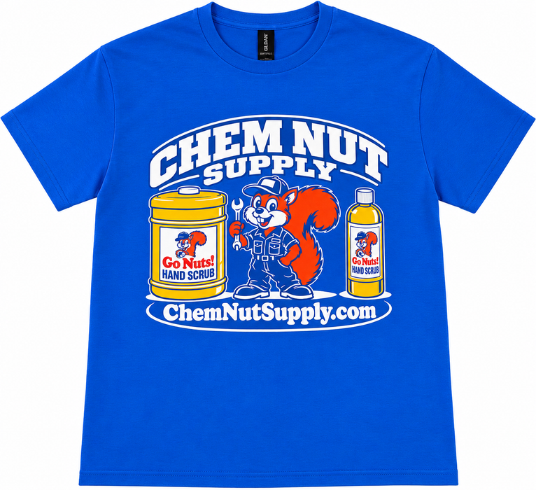 Royal blue Chem Nut Supply T-shirt, front squirrel mascot and Go Nuts hand scrub design on wrinkle-free studio background